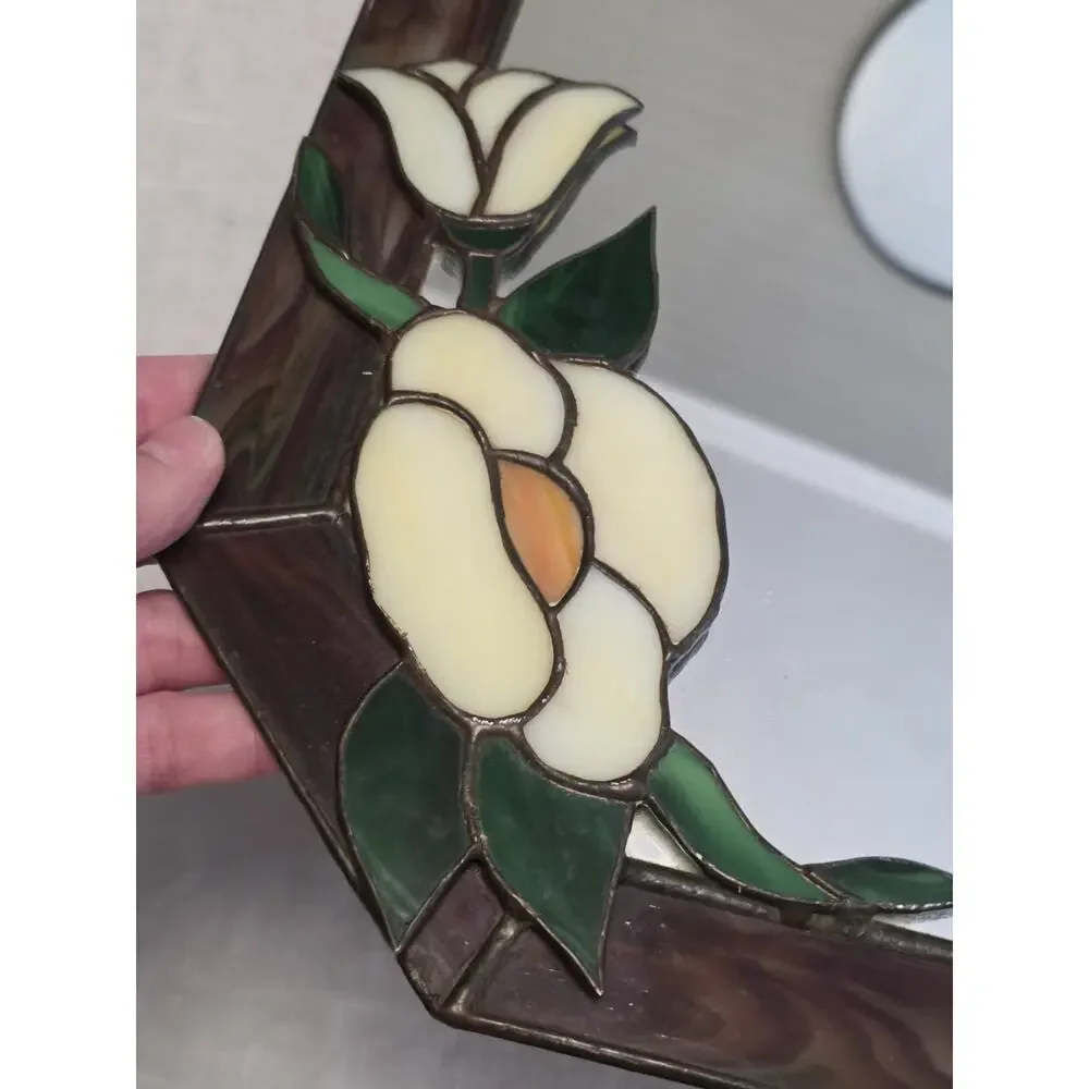 Vintage Floral Stained Glass Frame Mirror Flowers Cottage Flower 14 X 10